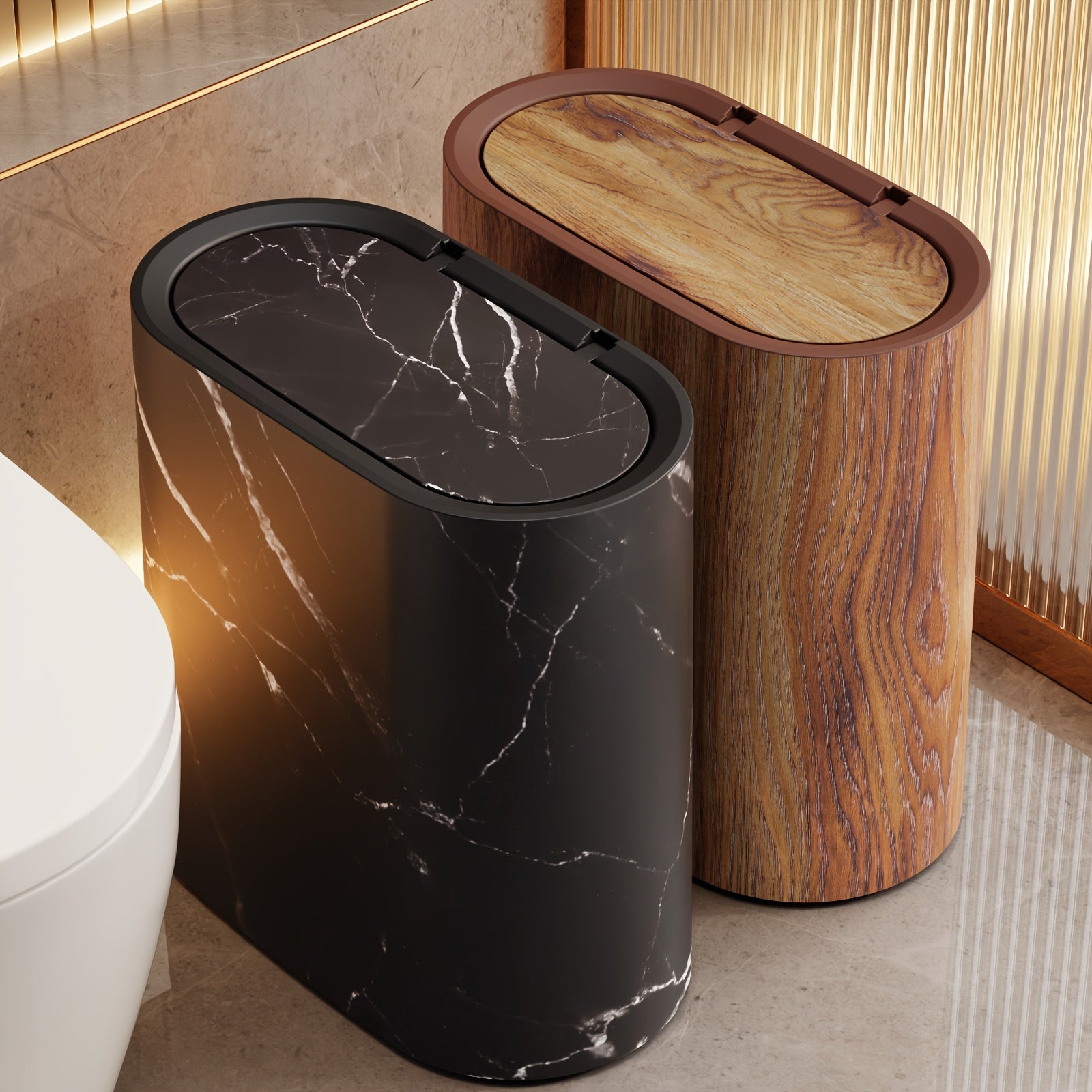 Elegant Marble Pattern | Kitchen Trash Can with Fitted Lid | Compact Oval Garbage Bin for Stylish Spaces 1