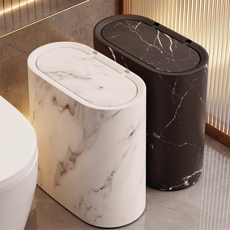 Elegant Marble Pattern | Kitchen Trash Can with Fitted Lid | Compact Oval Garbage Bin for Stylish Spaces 10