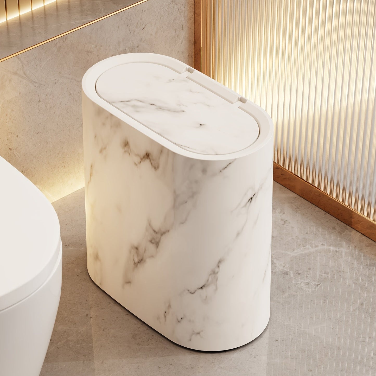 Elegant Marble Pattern | Kitchen Trash Can with Fitted Lid | Compact Oval Garbage Bin for Stylish Spaces 2