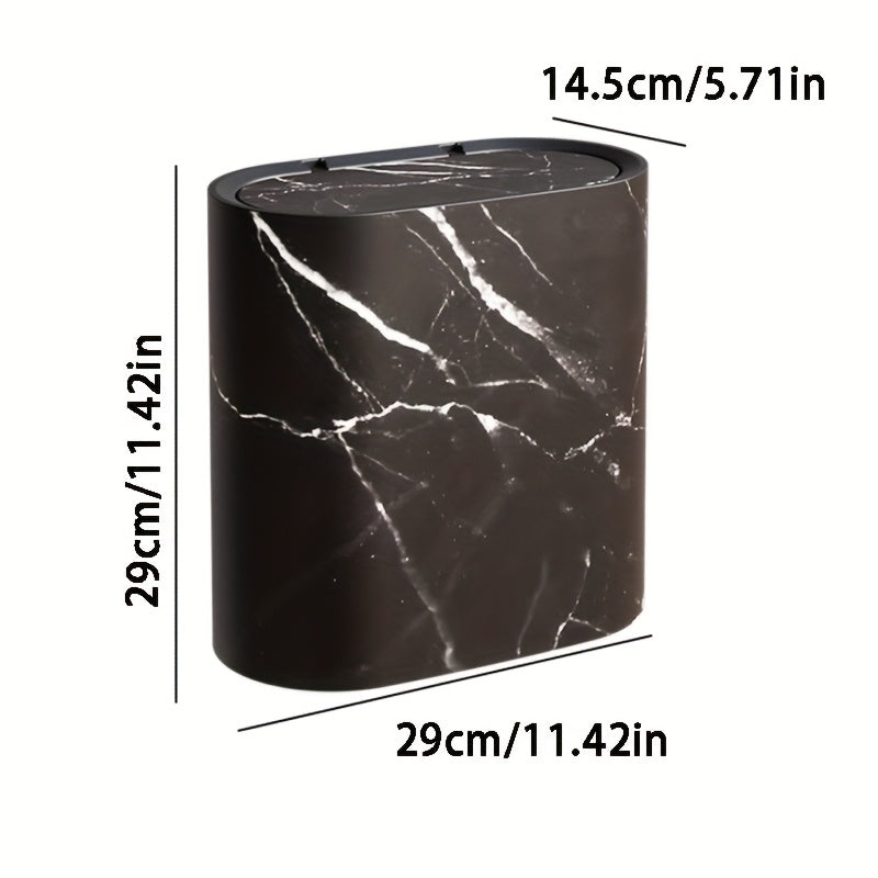 Elegant Marble Pattern | Kitchen Trash Can with Fitted Lid | Compact Oval Garbage Bin for Stylish Spaces 4