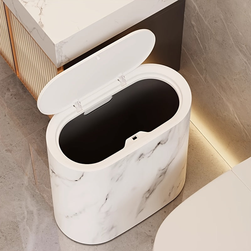 Elegant Marble Pattern | Kitchen Trash Can with Fitted Lid | Compact Oval Garbage Bin for Stylish Spaces 5
