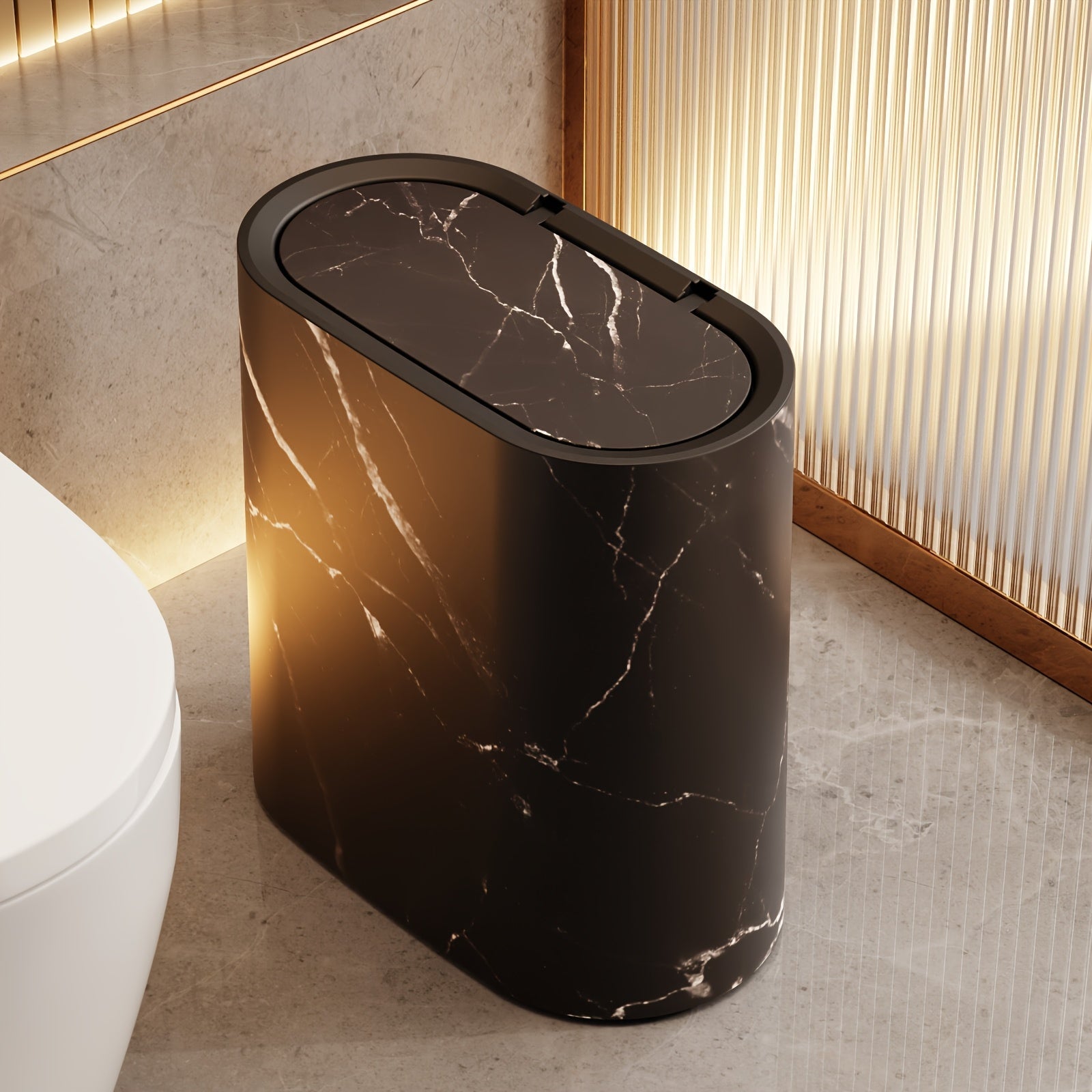 Elegant Marble Pattern | Kitchen Trash Can with Fitted Lid | Compact Oval Garbage Bin for Stylish Spaces 7