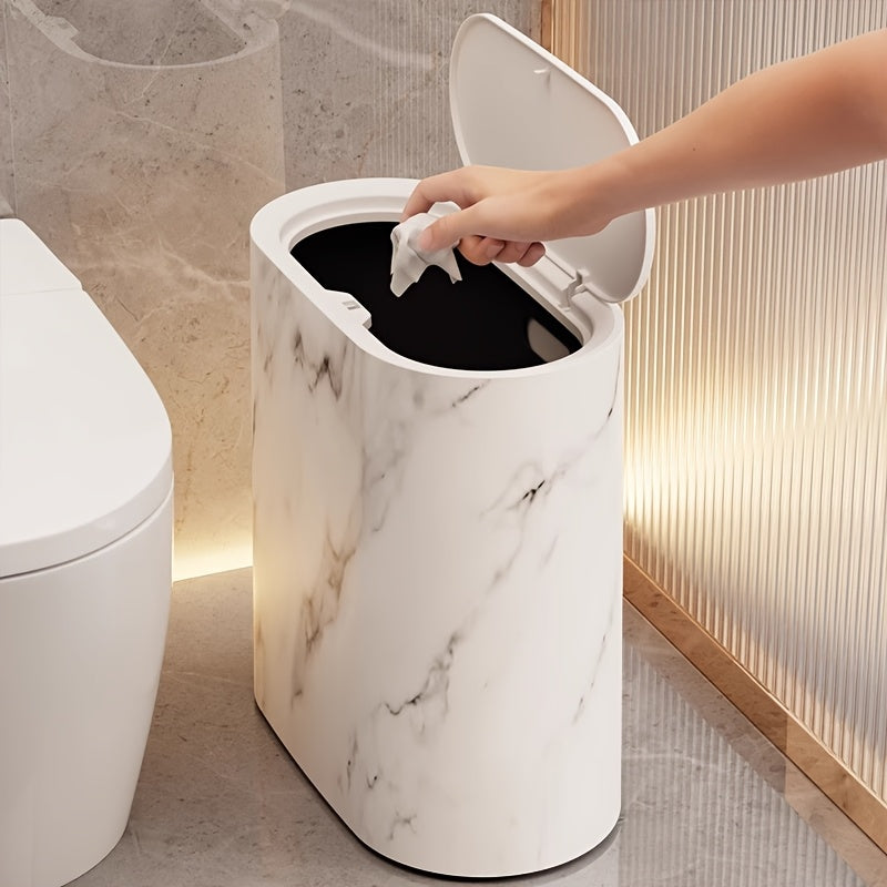Elegant Marble Pattern | Kitchen Trash Can with Fitted Lid | Compact Oval Garbage Bin for Stylish Spaces 8