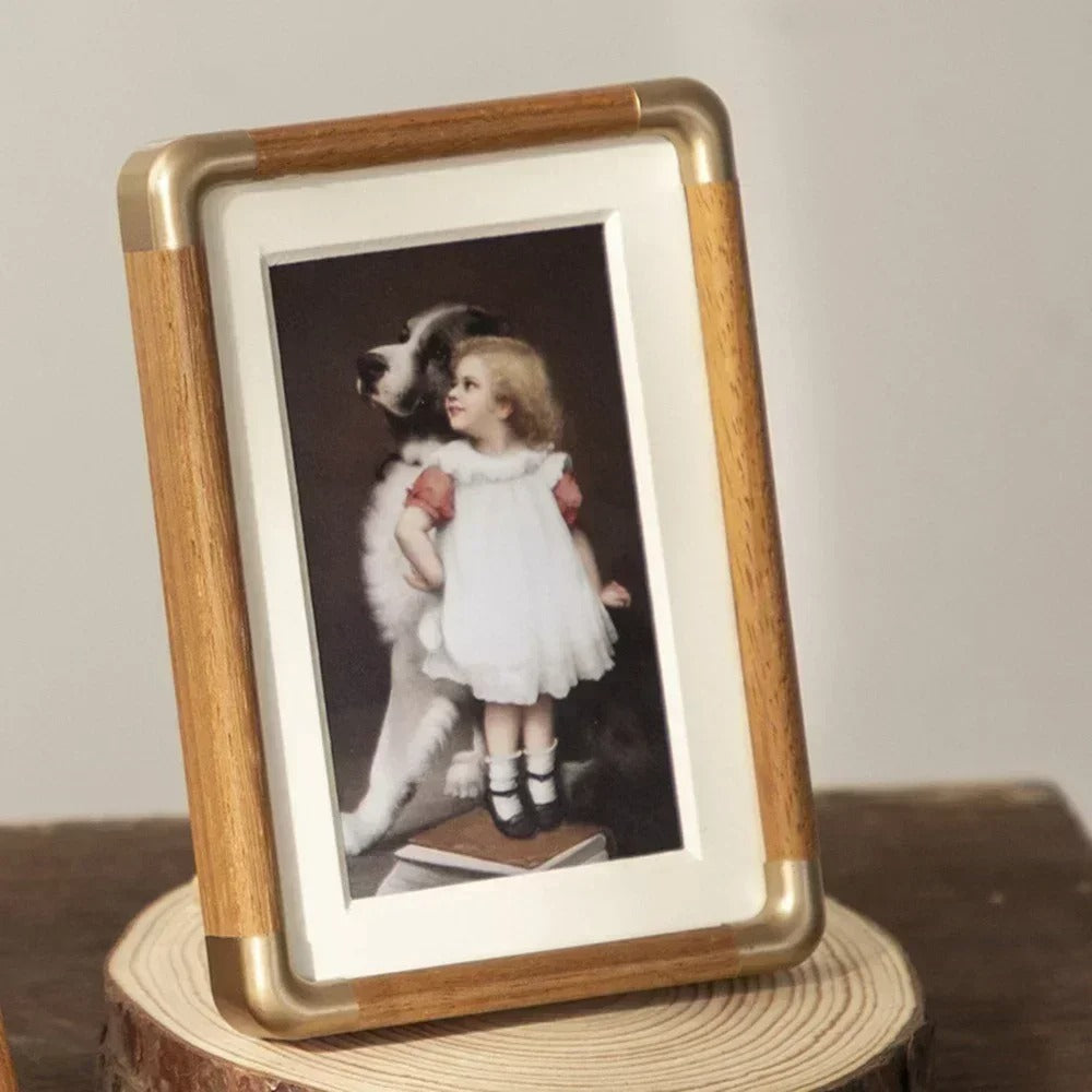 Elegant Vintage Wood Photo Frame with Brass Accents | Stylish Décor for Cherished Memories 0