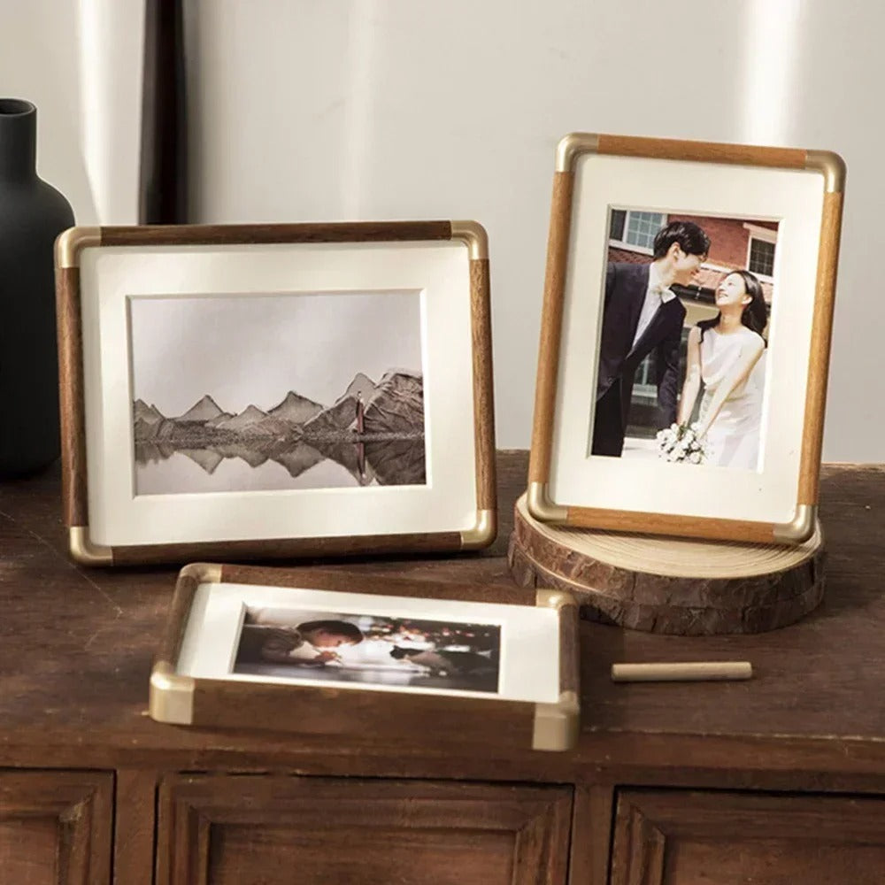 Elegant Vintage Wood Photo Frame with Brass Accents | Stylish Décor for Cherished Memories 1