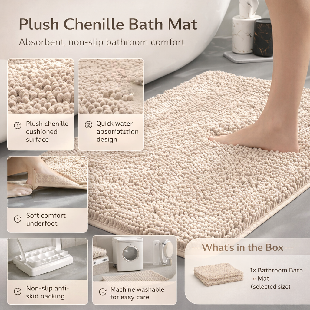 Plush Chenille Bath Mat | Non-Slip Absorbent Bathroom Mat for Comfort 3