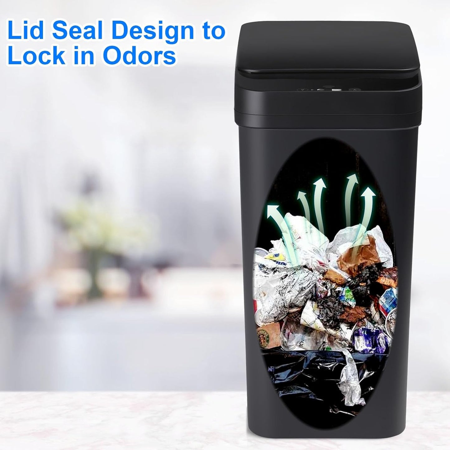 Black trash bin with a clear lid showing accumulated waste, on a white background.