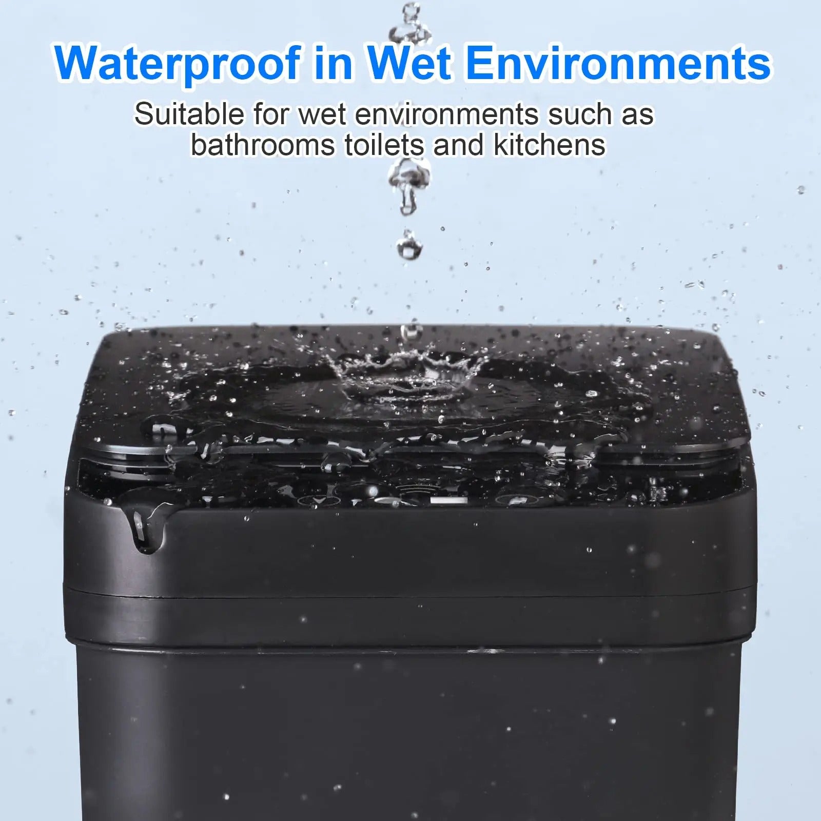 Black trash bin with water splashing on it against a blue background, indicating waterproof feature.