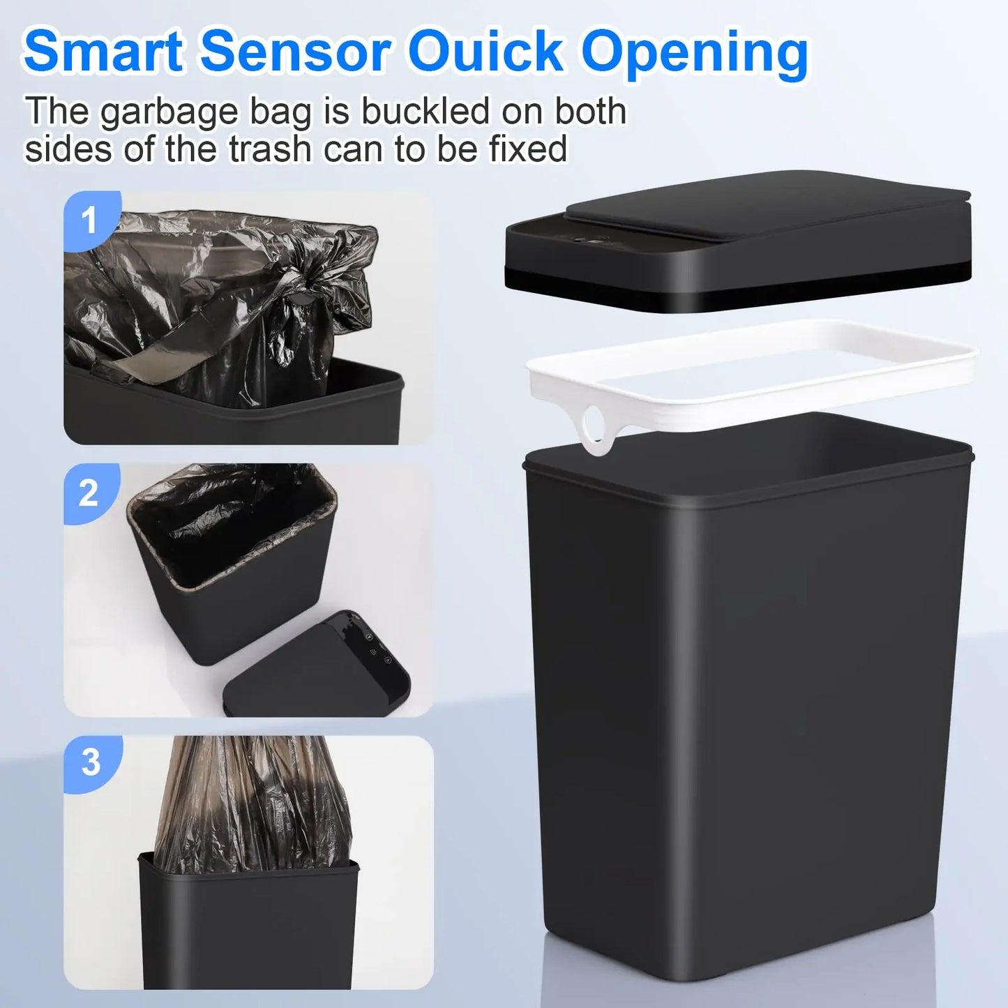 Black trash can with features highlighted on a light blue background