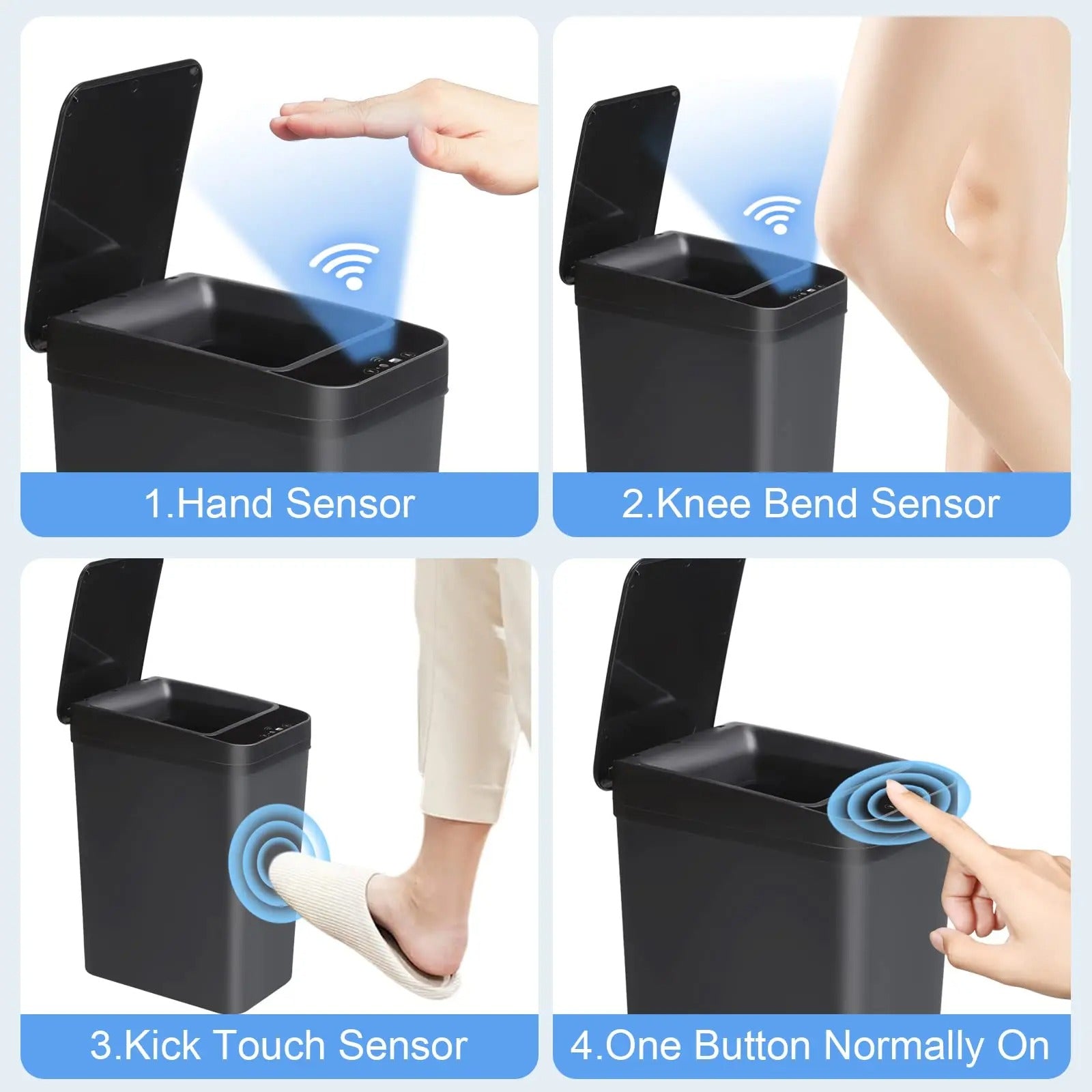Black trash bin with various sensors for opening the lid.