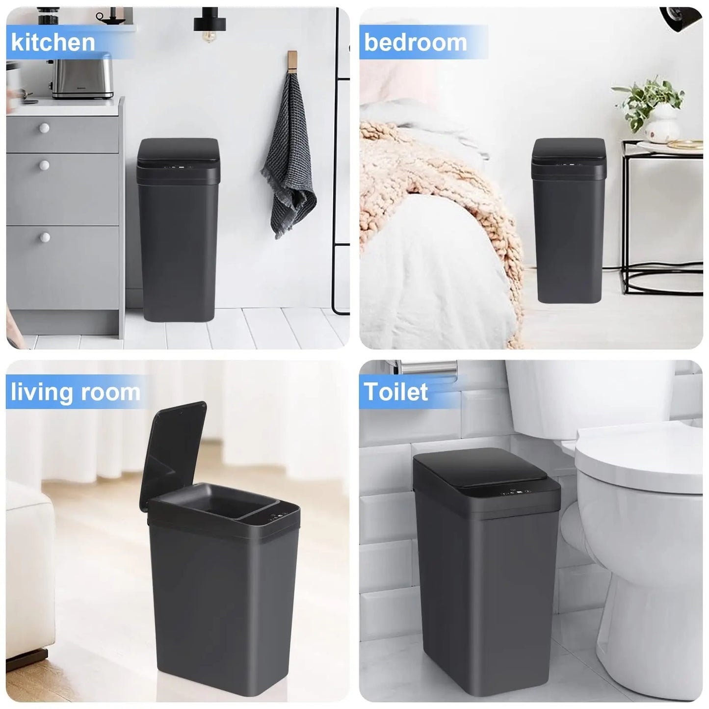 Black trash bin shown in various settings including kitchen, bedroom, living room, and toilet.